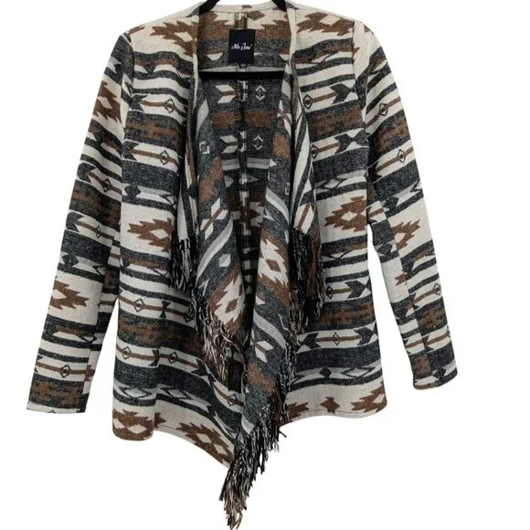 Southwestern Aztec Fringe Cardigan Women Size S Drape Rustic Boho Western Cozy - Picture 1 of 8